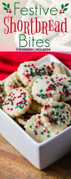 festive shortbread bites with sprinkles in a white bowl