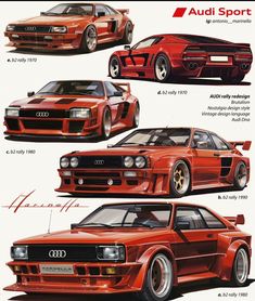 four different types of cars are shown in this graphic above the words, audi sport