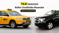 two yellow taxi cabs side by side with the words taxi services keller southlake roonke