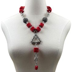 Delta 1913 Natural Red Coral, Vintage Metal Pyramid Tassel Necklace METAL: Stainless steel SIZE: 23" adjustable length CLOSURE: Lobster claw NOTE: Due to the one-of-a-kind nature of the medium, exact colors and patterns may vary slightly from the image shown. Know that some natural stones or pearls may have inclusions. Red Jewelry With Lobster Clasp For Party, Red Party Jewelry With Lobster Clasp, Red Dangle Necklaces For Party, Adjustable Red Formal Jewelry, Red Metal Dangle Necklace, Red Long Necklace With Adjustable Chain, Elegant Red Lariat Necklace, Elegant Red Lariat Necklaces, Red Adjustable Lariat Necklace