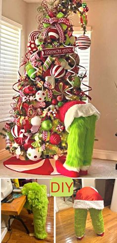 a christmas tree decorated with candy canes and other holiday decorations, including green hats