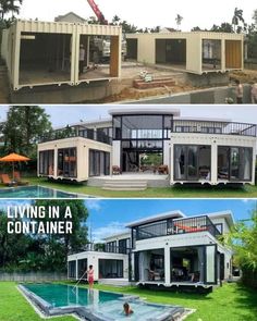 two pictures showing different types of houses in the process of being built with shipping containers