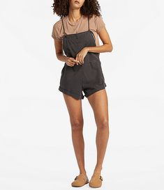 Billabong Wild Pursuit Romper | Dillard's Utility Style Sleeveless Jumpsuits And Rompers With Pockets, Casual Sleeveless Shortalls With Pockets, Summer Utility Bib Front Shortalls, Utility Bib Front Shortalls For Summer, Summer Utility Shortalls With Bib Front, Sleeveless Cotton Utility Jumpsuits And Rompers, Summer Shortalls With Side Pockets, Casual Sleeveless Jumpsuits And Rompers With Pockets, Casual Sleeveless Jumpsuits With Slip Pockets