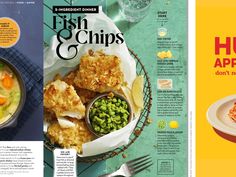 two magazines with different food items on the cover and in front of each magazine is an image of fish and chips