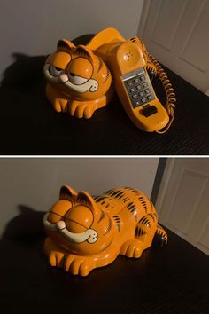 two pictures of an orange telephone with a cat on it's side and the other one has a phone in the shape of a tiger