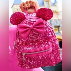 Brand New With Tags Hot Pink Magenta Minnie Ear Sequin Loungefly Backpack Same/Next Day Shipping Minnie Mouse Backpack For Daily Use, Pink Minnie Mouse Bag For Gift, Disney Style Backpack Bag For Gifts, Disney Style Backpack Bag As Gift, Pink Minnie Mouse Standard Backpack, Minnie Mouse Standard Backpack For Travel, Pink Bags With Zipper For Disney Trips, Pink Bags With Zipper Closure For Disney Trips, Minnie Mouse Backpack For Travel