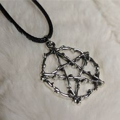 Silver Witch Pentagram Star Stick Charm Rope Necklace. Charms Are Approximately 25x28mm. Comes On A 17.5 Inch Black Rope Cord With A Lobster Clasp And 1.5 Inch Extension Chain. Grunge Star-shaped Jewelry Gift, Witch Pentagram, Industrial Necklace, Rock Crystal Necklace, Melinda Maria Jewelry, Hand Painted Pendant, Smoky Quartz Necklace, Cameo Pendant Necklace, Necklace Charms