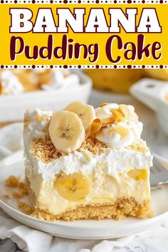 banana pudding cake on a plate with the title above it