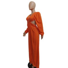 Cut Out Long Sleeve Backless Wide Leg Jumpsuit Orange V-neck Jumpsuit For Party, Casual Cutout Jumpsuits And Rompers For Spring, Casual Spring Jumpsuits And Rompers With Cutout, Orange V-neck Jumpsuits And Rompers For Party, Chic Orange Jumpsuits And Rompers For Party, Chic Orange Jumpsuit For Night Out, Chic Orange Long Sleeve Jumpsuits And Rompers, Chic Orange Long Sleeve Jumpsuit, Pattern Flare Pants