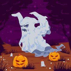 an image of a halloween scene with ghost and pumpkins