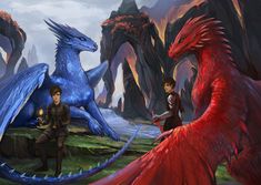 two red and blue dragon sitting next to each other in front of some mountains with rocks