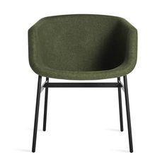 a green chair with black legs on a white background and the seat upholstered