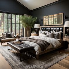 a large bed sitting in a bedroom on top of a wooden floor next to a window