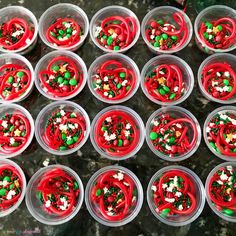 plastic cups filled with red and green sprinkles