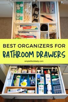 an organized bathroom drawer with the words best organizers for bathroom drawers on top and bottom