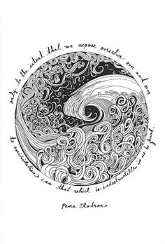 a black and white drawing of a wave in a circle with words written on it