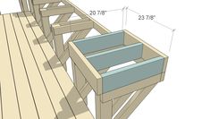 a wooden deck with blue drawers and measurements for the steps to an upper level balcony