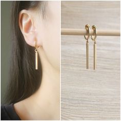 Gold dangle bar hoop clip on earrings, metal is gold plated over brass. Details :- **Gold bar charm size is 25mm x 2mm. **Hoop clip on size is 11mm(inner diameter) and 13mm(outer diameter). **Earrings length is 39mm, width is 2mm. **Weight is 1.33g (2.66g per pair). ♥ ♥ Hoop clip on - are comfortable to wear and will not drop off easily, and they look like pierced ear earrings. ♥ ♥ These earrings will be packed into a metallic polybag. ♥ ♥ Pls convo us if you have any queries. ♥ ♥ Thank you so m Gold Dangle Hoop Earrings Minimalist Style, Classic Gold Dangle Clip-on Earrings, Minimalist Metal Huggie Earrings, Minimalist Gold Clip-on Earrings For Everyday, Gold Minimalist Clip-on Earrings For Everyday, Everyday Minimalist Gold Clip-on Earrings, Minimalist Metal Clip-on Earrings As Gift, Gold Minimalist Clip-on Earrings, Minimalist Brass Huggie Earrings