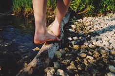 a person standing on a log over a river with grass and rocks in the background