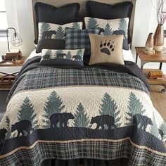 Forest Trail Quilt Set (7694507999464) Plaid Throw Pillows, Black Bears, Bear Quilts, Plaid Quilt, Lodge Style, Rustic Lodge, Twin Quilt, Bedding Stores, King Quilt