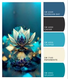 the color scheme is blue, green and white with an image of a water lily