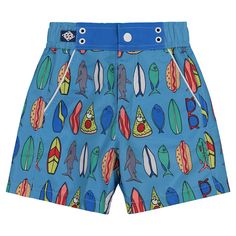 Surf themed swim trunks for little boys from Andy & Evan. Trunks have 3/4 elastic waist, snap and fly front, slash pockets, and a pocket on the back. Toddler Swim, Toddler Swimming, Kids Swim, Sibling Gifts, Boys Swim Trunks, Boys Swim, Printed Swim, Kids Swimming, Swim Bottoms