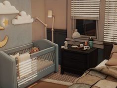 a baby's room with a crib, night stand and bed in it