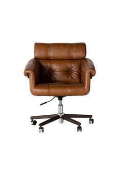 a brown office chair with wheels on an isolated white background