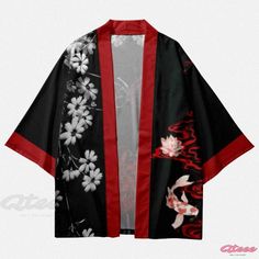 Qteee - Modakawa Elegant Vintage Blossom Print Cardigan Kimono Outerwear White Casual Kimono For Winter, Spring Black Crew Neck Cardigan, Black Crew Neck Cardigan For Spring, Black Cotton Kimono For Summer, Casual Printed Kimono For Fall, Black Outerwear With Kimono Sleeves For Spring, Black Outerwear With Kimono Sleeves For Winter, Casual Outerwear With Kimono Sleeves For Spring, Casual Spring Outerwear With Kimono Sleeves