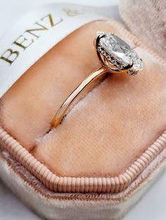 an engagement ring sits in a velvet case