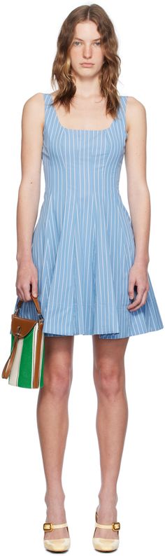 Lightweight stretch cotton poplin dress. Pinstripes throughout. · Square neck · Gathering at bodice · Flared hem · Concealed zip closure at back · Full plain-woven cotton lining Supplier color: Azure pinstripe Staud Cotton Dress For Daywear, Chic Cotton Dresses With Vertical Stripes, Chic Cotton Dress With Vertical Stripes, Striped Hem Dress For Work, Staud Cotton Summer Dress, Spring Cotton Dresses With Vertical Stripes, Spring Cotton Dress With Striped Hem, Blue Cotton Dress With Vertical Stripes, Chic Cotton Dress With Striped Hem