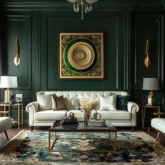 a living room with green walls and white couches, coffee table, chandelier