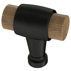 an image of a wooden handle on a black door knob or cabinet drawer puller