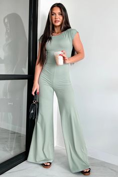 Staying Out Later Twist-Back Jumpsuit (Sage) · NanaMacs Green Stretch Jumpsuits And Rompers For Spring, Casual Green Stretch Jumpsuits And Rompers, Green High Stretch Jumpsuit For Summer, High Stretch Green Jumpsuit For Summer, Casual Full-length Stretch Bodysuit, Outerwear Trends, Casual Bodysuit, Graphic Dress, Pant Sets