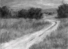 a black and white drawing of a dirt road in the middle of an open field