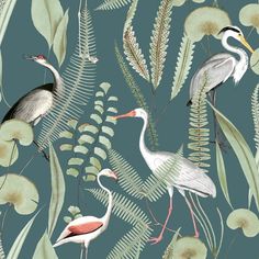 an image of birds and plants on a blue background that is very similar to wallpaper