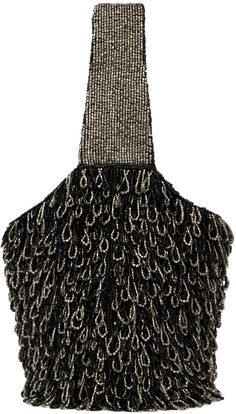 Satin top handle bag in black. · Hand-beaded fringe detailing throughout · Beaded logo at fixed carry handle · Open throat · Patch pocket at interior · Satin lining · H6.5 x W5 x D4.5 Supplier color: Black Luxury Bags With Beaded Fringe, Staud Double Handle Evening Bag, Elegant Black Staud Bags, Elegant Staud Bags For Evening, Elegant Rectangular Staud Bags, Staud Top Handle Evening Bag, Staud Top Handle Evening Shoulder Bag, Staud Evening Bags With Detachable Handle, Staud Evening Bag With Top Handle