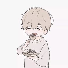 a drawing of a boy eating donuts while holding a plate with the donut on it