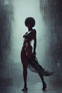 a woman standing in the rain with an umbrella