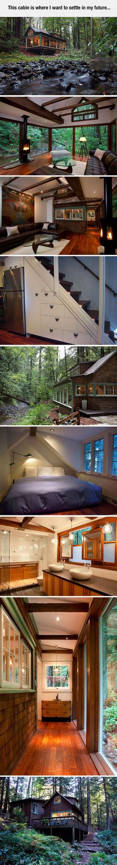 the inside and outside of a house with wood flooring, windows, and stairs