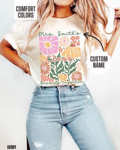 You will love this boho teacher shirt.  You can personalize it with your name or your teacher's name.  It has a beautiful retro flower graphic on the front and says, custom name's class growing together.  This will make a wonderful teacher appreciation gift for elementary school teachers, middle school teachers or high school teachers.  The Comfort Colors brand tee shirts are so soft and comfortable, and the colors are beautiful.  Stay trendy when you go back to school in this teacher t shirt. C Fun Personalized Cotton T-shirt, Personalized Casual Tops For Teacher Appreciation, Personalized Cotton T-shirt For Summer, Personalized Summer Cotton T-shirt, Personalized Multicolor T-shirt With Crew Neck, Personalized Casual T-shirt For Spring, Personalized Casual Spring T-shirt, Boho Teacher, Middle School Teachers