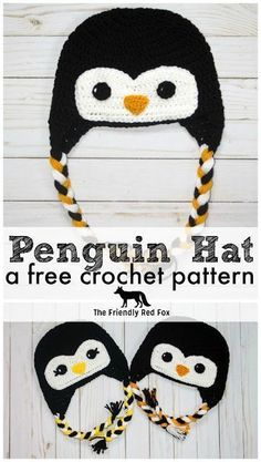 a crocheted penguin hat with two penguins on it and the words penguin hat, free crochet pattern