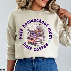 This adorable 'Half Homeschool Mom Half Coffee' print on a soft crewneck sweatshirt is super trendy and comfortable! These crewnecks are popular for their cozy, lived-in look and are a go-to choice for anyone seeking a comfortable, laid-back style 😊 ✨ SIZING AND HOW TO MEASURE ✨ Please see the size chart for reference. For accurate measurements, grab your favorite sweatshirt at home for comparison! Lay it flat on the floor and measure the length (highest point in collar down to very bottom) and width (armpit to armpit). Compare your measurements with our size chart to select the best size for you. → This is a normal-length unisex size sweatshirt. The model has tucked it in for styling purposes. → For the trendy oversized look, we recommend selecting 1-2 sizes ABOVE your normal size! ✨ PRO Cotton College Style Sweatshirt For School, Casual Long Sleeve Tops For Back To School, Long Sleeve Sweatshirt With Text Print For School, Casual Long Sleeve T-shirt For End Of School Year, College Style Letter Print Sweatshirt For School, Pre-shrunk Relaxed Fit Sweatshirt For School, Long Sleeve T-shirt For College Back To School, Casual Graphic Print Sweatshirt For School, Casual Crew Neck Sweatshirt For School