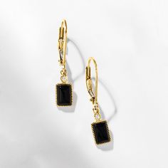 Ross-Simons - Black Onyx Drop Earrings with Diamond Accents in 14kt Yellow Gold. RS Pure. Modern designs that complete your outfit and complement your personality. Infuse some bold color into your everyday jewelry collection with these dainty drop earrings. They showcase 4x6mm rectangular black onyx cabochons with diamond accents and milgrain details in polished 14kt yellow gold. Hanging length is 1". Leverback, black onyx drop earrings. Gold Onyx Drop Earrings, Classic Onyx Dangle Jewelry, Modern Onyx Drop Earrings, Luxury Yellow Gold Onyx Earrings, Modern Onyx Earrings With Black Enamel, Everyday Jewelry, Black Onyx, Bold Colors, Onyx