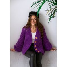 Oversized mohair buttoned cardigan.  Stylish and bright purple chunky cardigan will not leave you indifferent, as well as those around you. Lightweight and warm, very fluffy. Size: XS-M (Blue, Beige): width 23,62 inch (60сm) M-XL (Purple): width 23,62 inch (65сm) length 21.65 - 25.6 inch (55-60 cm) Measurements: size: XS-M: M-XL length 21.65 - 23.6 inch (55-60 cm) Length 23.6 inches (60 cm) Composition: 50% mohair, 50% acrylic May tingle slightly for very sensitive skin CARE: Please treat your new cardigan with respect. Hand wash in cold water ONLY with a special detergent for wool and silk. Then spread out to dry on a horizontal surface Color may appear slightly different on your computer monitor. Due to the pandemic, the delivery time may increase, please take this into account. You can Handmade Cardigan, Pull Mohair, Buttoned Cardigan, Cardigan Purple, Knit Cardigan Pattern, Sweater Chunky, Chunky Knitting, Mohair Knit, Oversized Knit Cardigan