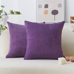 PRICES MAY VARY. Polyester Imported Features: Color: Eggplant. Measures: 16x16 inch (40x40cm), tailored for 16x16 inch insert. Package: include 2 pcs pillow covers. No pillow insert. Washing Guide: Machine Wash Cold Separately, Gently Cycle Only, No Bleach, Tumble Dry Low. Easy Insertion: we use matching shade invisible zipper closure for an elegant look, Easy Insertion and washing. Material: This supersoft, flocking striped corduroy cushion cover is made of 100% high quality polyester. Home Bri Purple Pillow Covers, Purple Cushions, Purple Pillows, Decorative Lumbar Pillows, Rectangle Pillow, Couch Throw Pillows, Velvet Throw Pillows, Decorative Throw Pillow Covers, Lumbar Pillow Cover