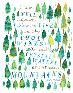 the words and trees are drawn in watercolor on white paper with green, yellow and blue