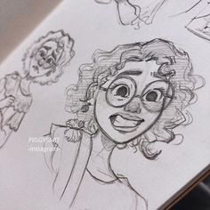 a drawing of a girl with glasses and flowers in her hair, next to some other drawings