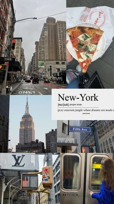 the new york city skyline is shown in this collage with images from different places