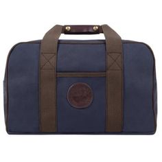 a blue and brown duffel bag with two handles on the front, one has a leather